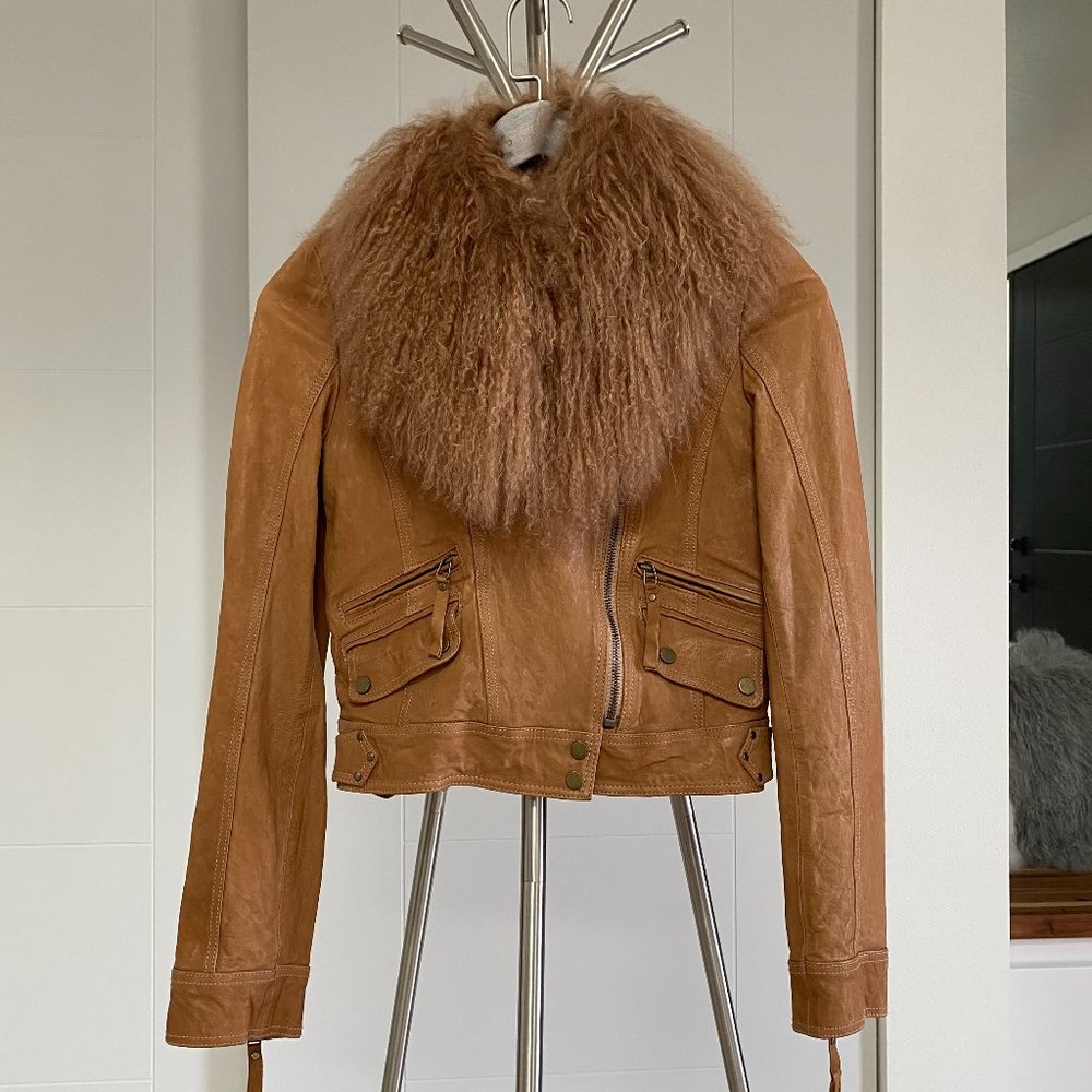 📍<SOLD> Leather & Shearling Detachable Shawl Moto Jacket